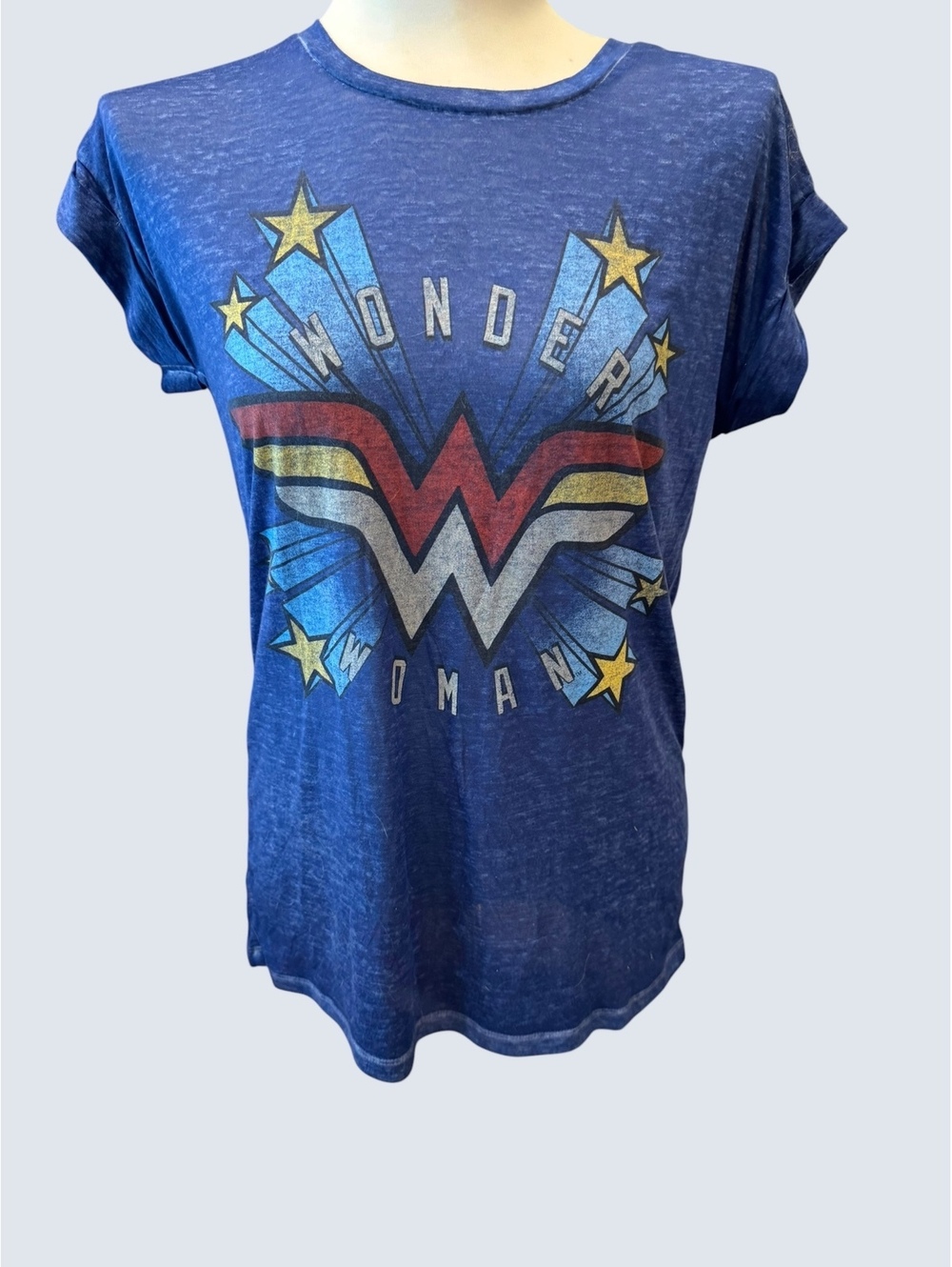 Wonder Woman Womenβs Small Blue Burnout Graphic Tee DC Comics Retro Stars